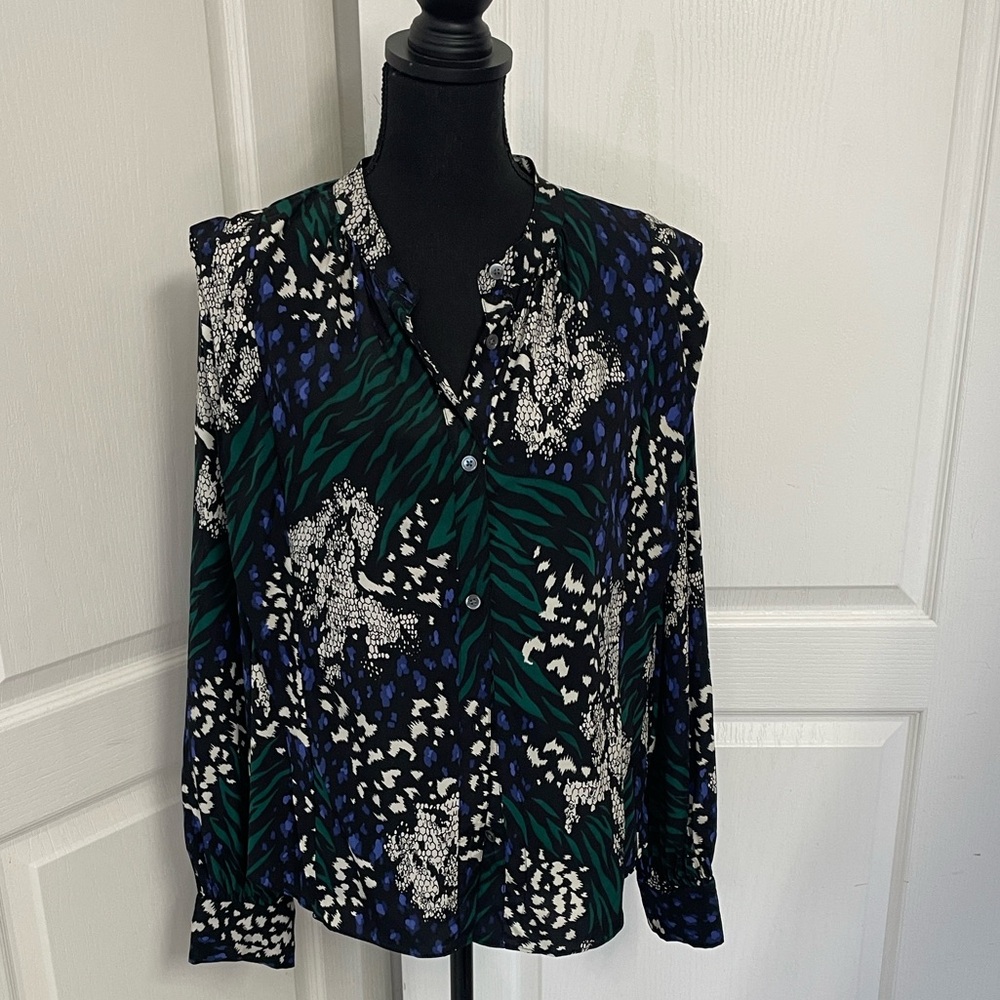 Veronica Beard Buckley Blouse shirt top stretchy silk US 10 blue green black - Picture 3 of 12